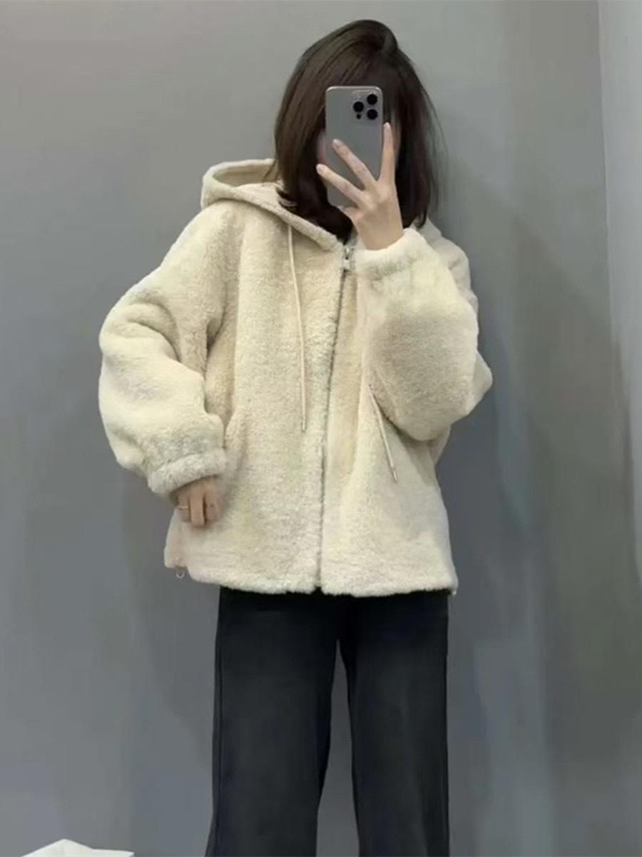 

Fashion hooded thickened warm solid color fluffy short coat women s 2025 autumn and winter new versatile casual XL