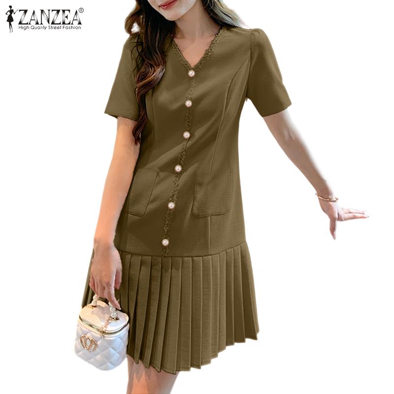 ZANZEA Women Summer Casual V-Neck Solid Color Short Sleeve Dress
