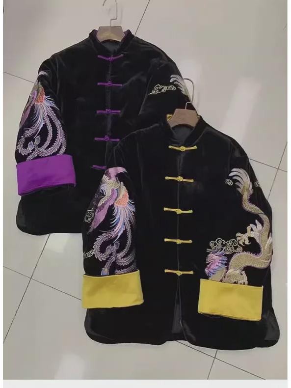 Women's Retro Dragon & Phoenix Embroidered Velvet Jacket - Warm, Quilted, Cotton-Padded for Autumn/Winter