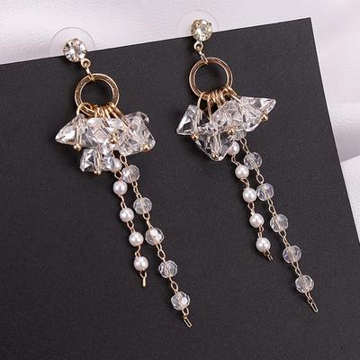 Irregular Crystal Flower Imitation Pearl Tassel Long Drop Earrings for Female Geometric Pendant Ear Wedding Jewelry