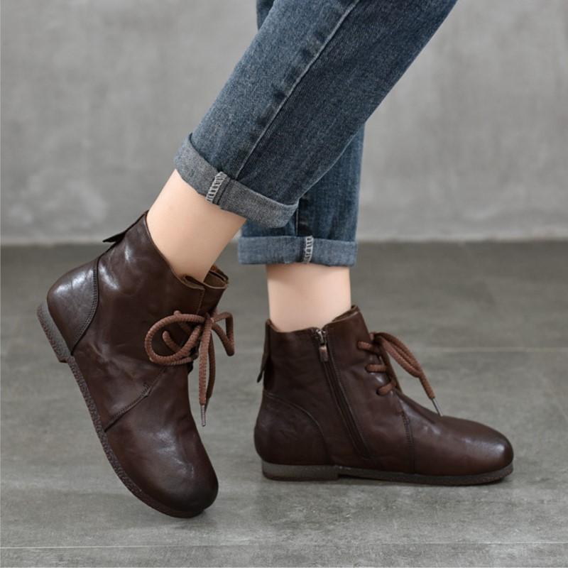 Johnature Bottes courtes plates à bout rond en cuir véritable, chaussures à lacets à semelles souples pour femmes