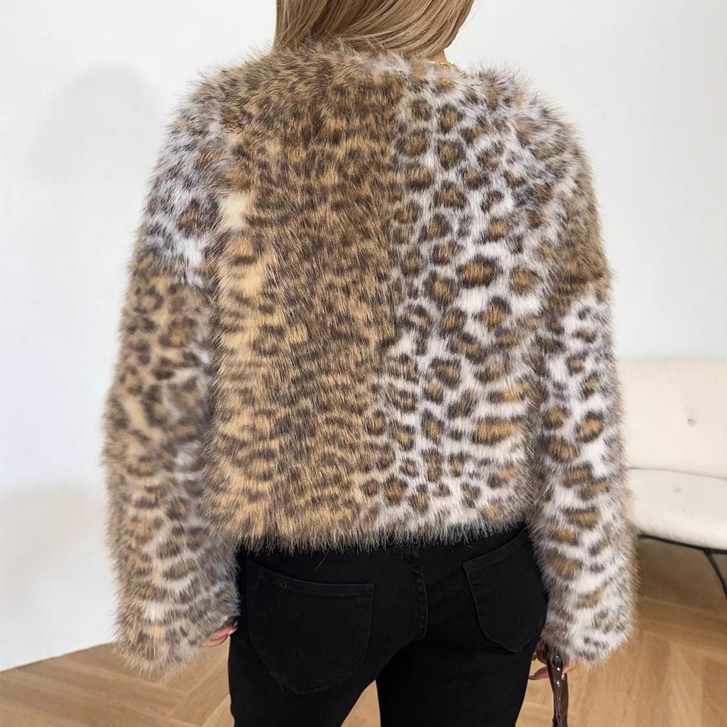European and American leopard print short round neck niche environmentally friendly plush leather integrated small temperament fashionable fur jacket