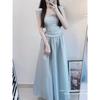 Summer Small Fresh Waist Thin Solid Color Dress French High-end Simple Drawstring Square Neck Dress