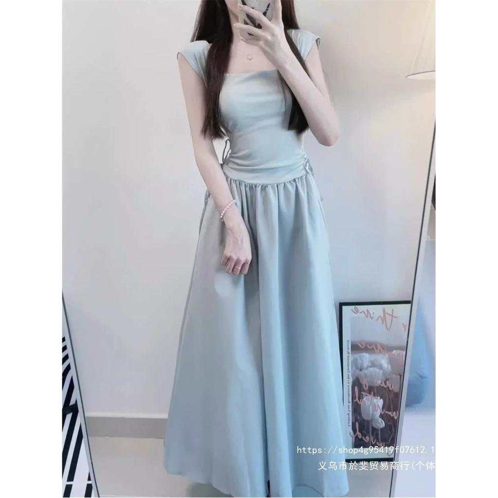 Summer Small Fresh Waist Thin Solid Color Dress French High-end Simple Drawstring Square Neck Dress