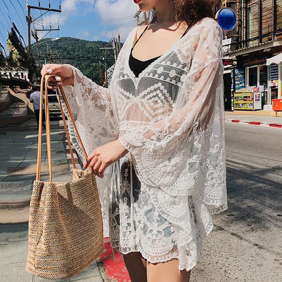 

Летняя накидка на бикини прозрачное кружево с тонким V-образным вырезом и длинными рукавами Солнцезащитный крем с цветочной вышивкой Летние каникулы Пляжное платье Женская одежда