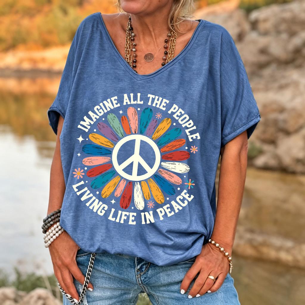 Ilstile Women's Imagine All The People Peace Sign T-Shirt Retro Hippie Flower Print V-Neck Loose Fit Casual Summer Top