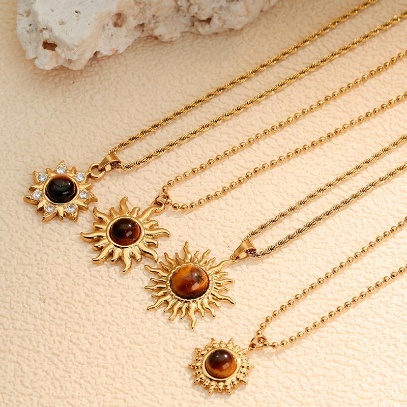 Retro Sunflower Tiger's Eye Choker: Stainless Steel Eight-Pointed Star Necklace