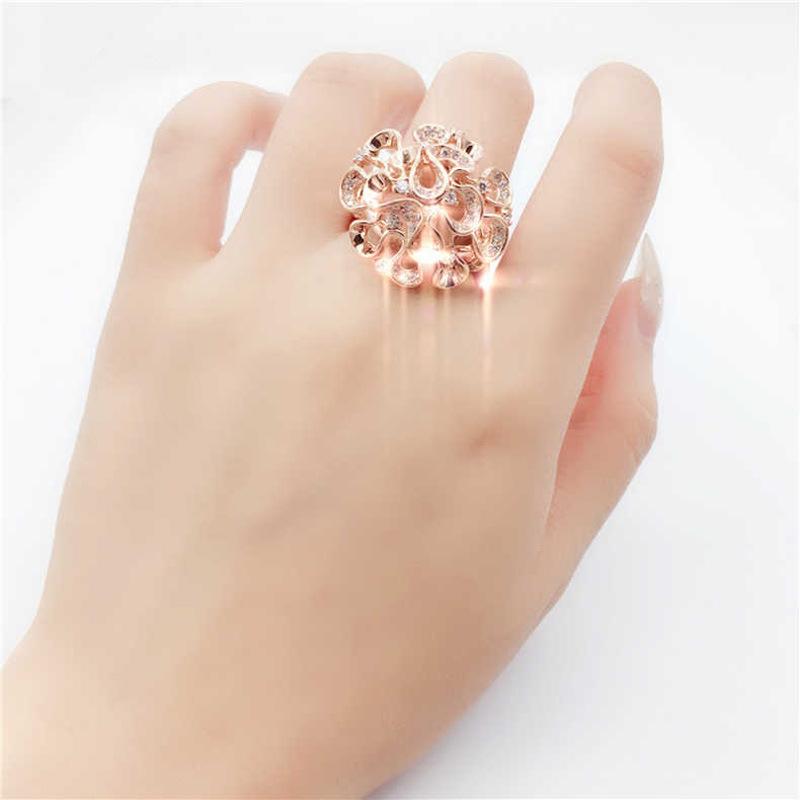 Purple Gold-Plated Rose Gold Inlaid Zircon Hollow Gesang Flower Ring Three-Dimensional Color Gold Atmosphere