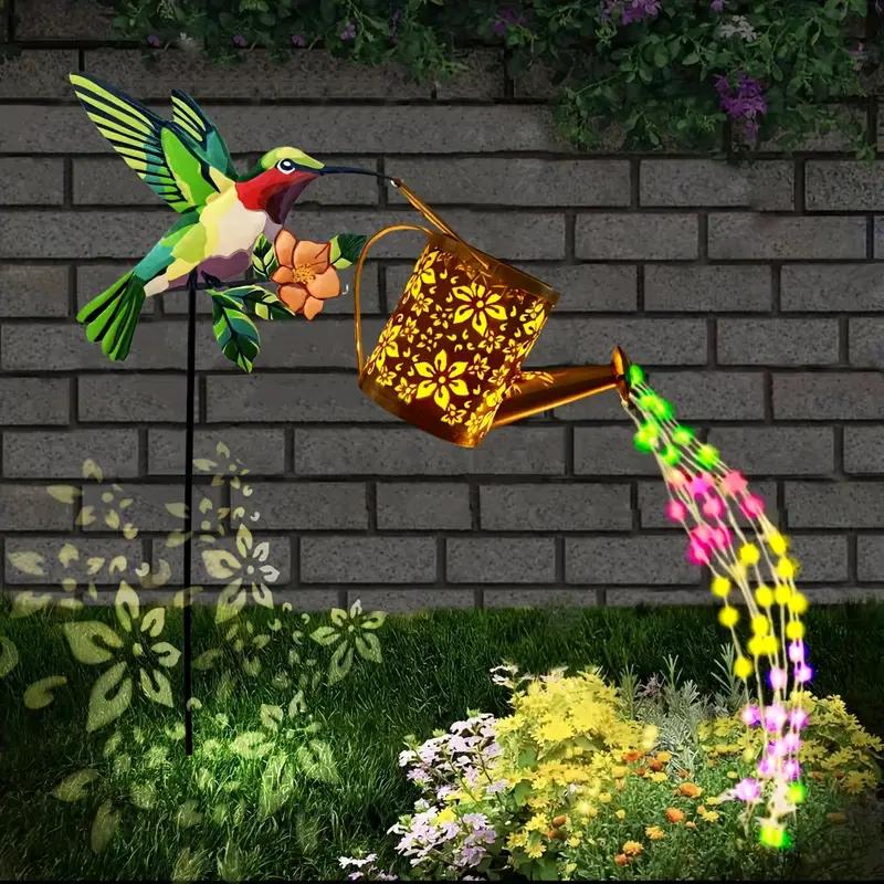 Solar Hummingbird Palace Lantern Vintage Metal Solar Watering Can Light Outdoor Hanging Kettle Lamp for Garden Path Patio Decor