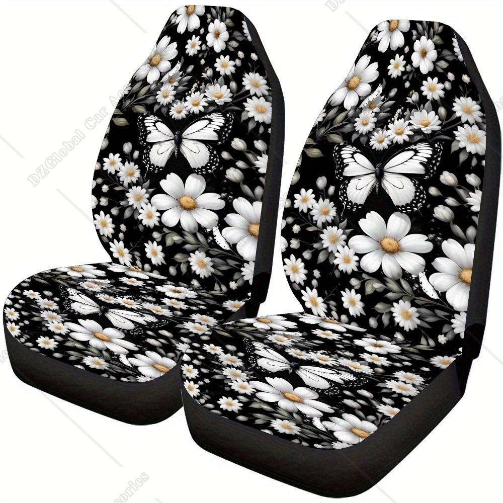 2Pcs White Daisy Butterfly Universal Car Seat Covers Front Seat Protector For Cars Suv For Women And Men