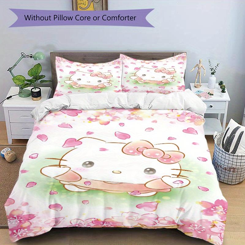 3pcs Petals Hello Kitty Quilt Cover Set (1 Quilt Cover + 2 Pillowcases Without Pillow Core), High-Definition Printing for Home and Dormitory.W075