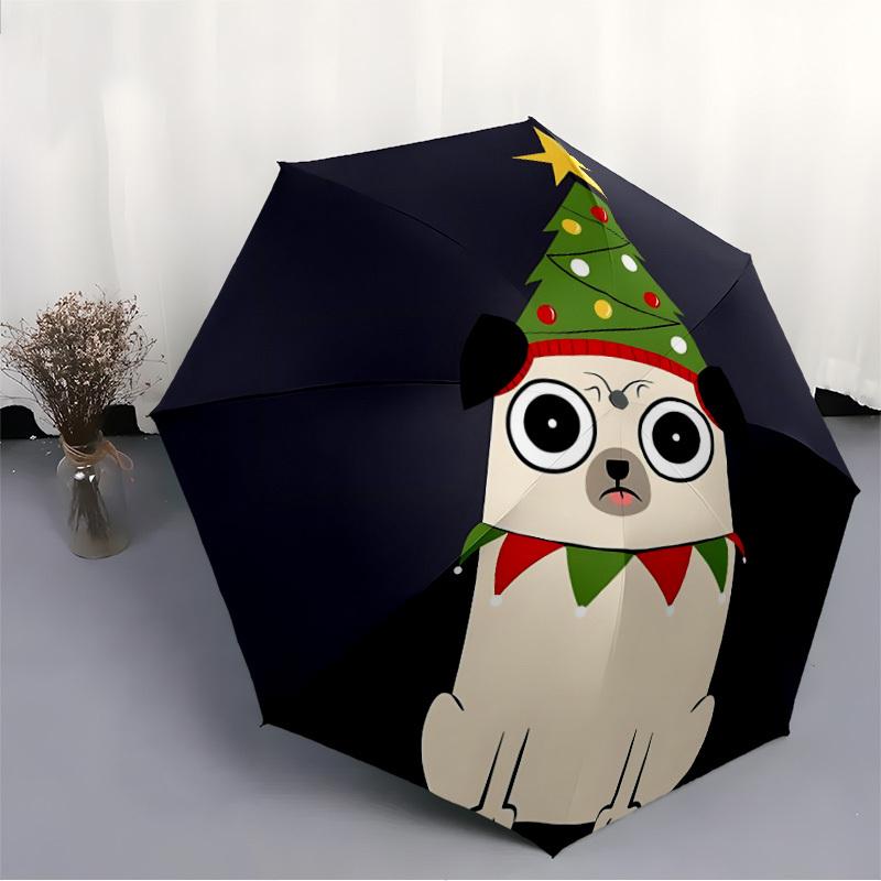 1pc Christmas Pug Automatic Folding Umbrella - Compact 8-Rib Design, Durable Plastic & Iron, Lightweight for Outdoor Daily Use217