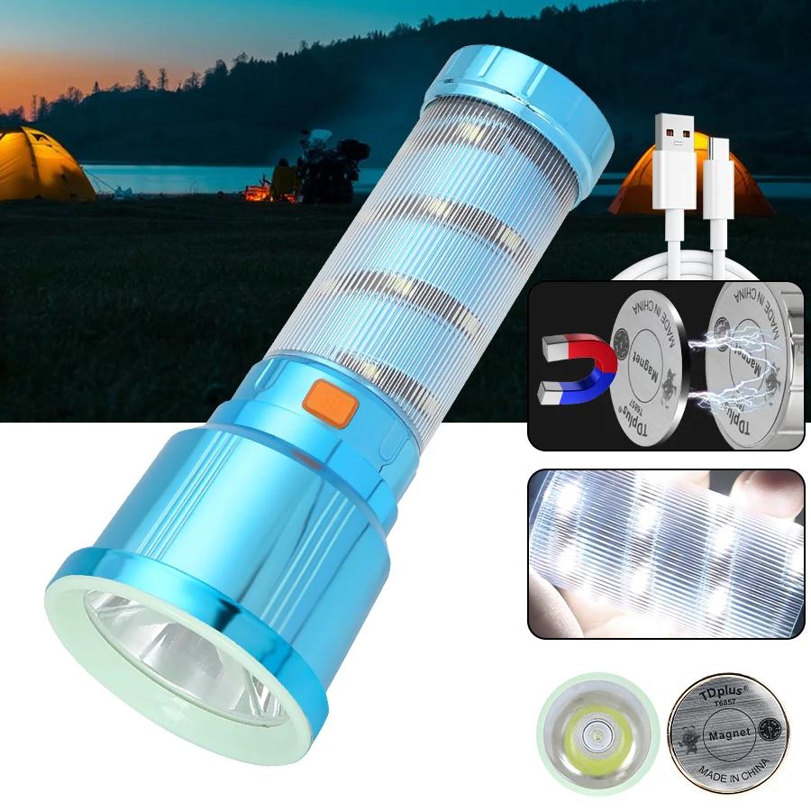 Portable Powerful LED Flashlight Built-in Battery Type-C Rechargeable Magnetic Lantern Outdoor Camping Emergency Tactical Lamp