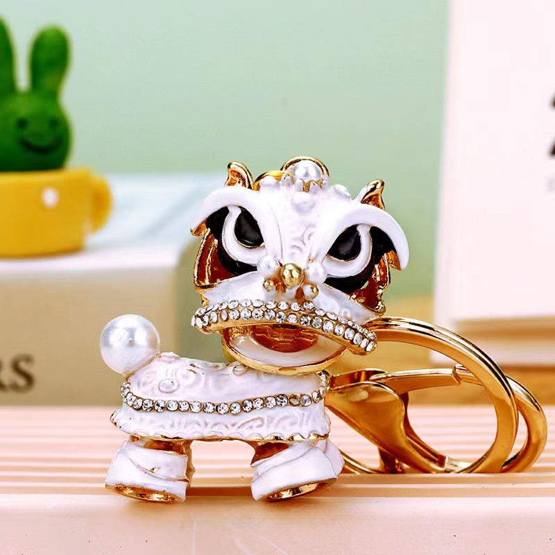 Chinese Cartoon Lion Dance Keychain Rhinestone Qilin Car Pendant Gift