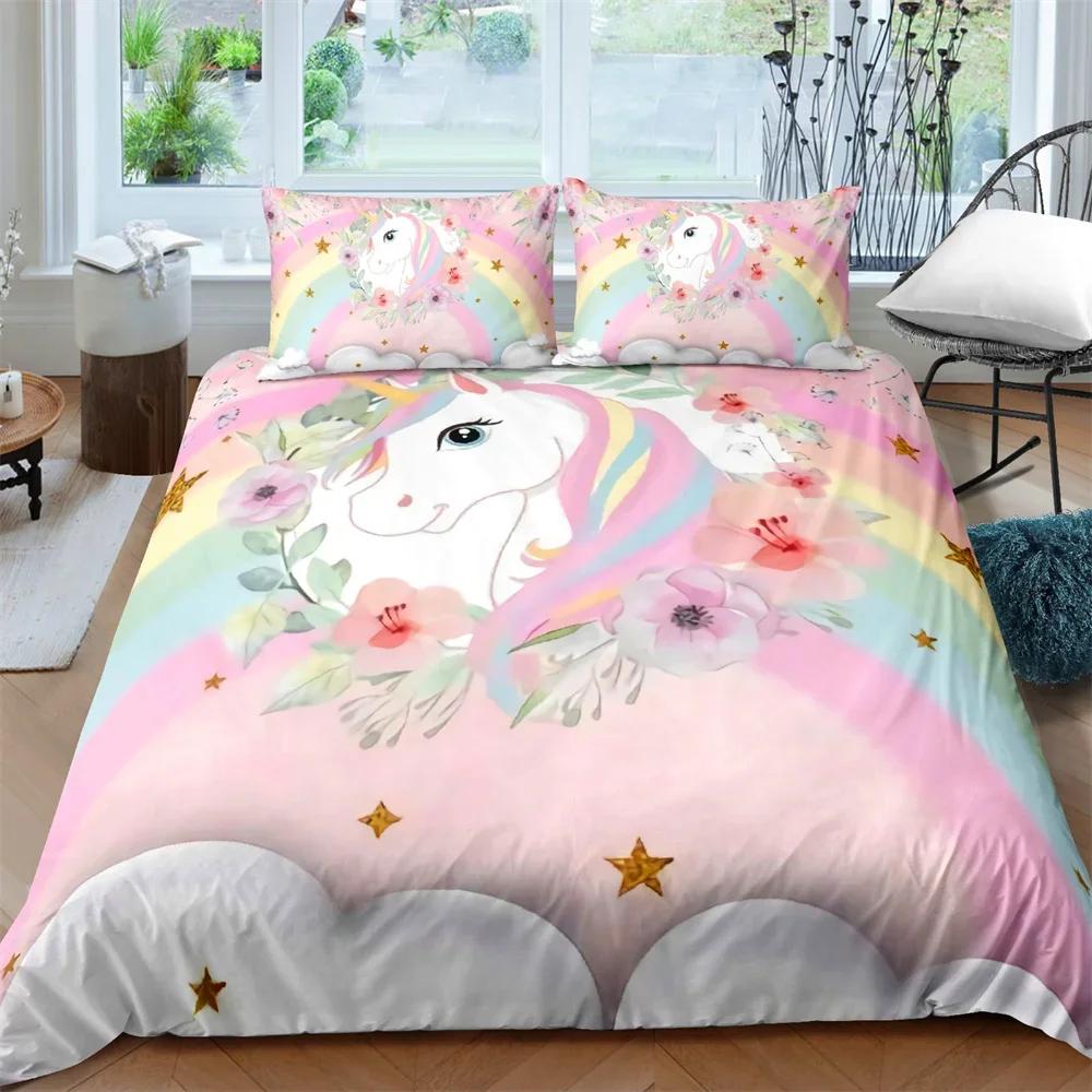 Jednorožec King Queen Povlak na přikrývku Kreslené zvíře Rainbow Universe Sada povlečení pro děti Teen Cosmic Starry Sky Polyester Povlak na přikrývku