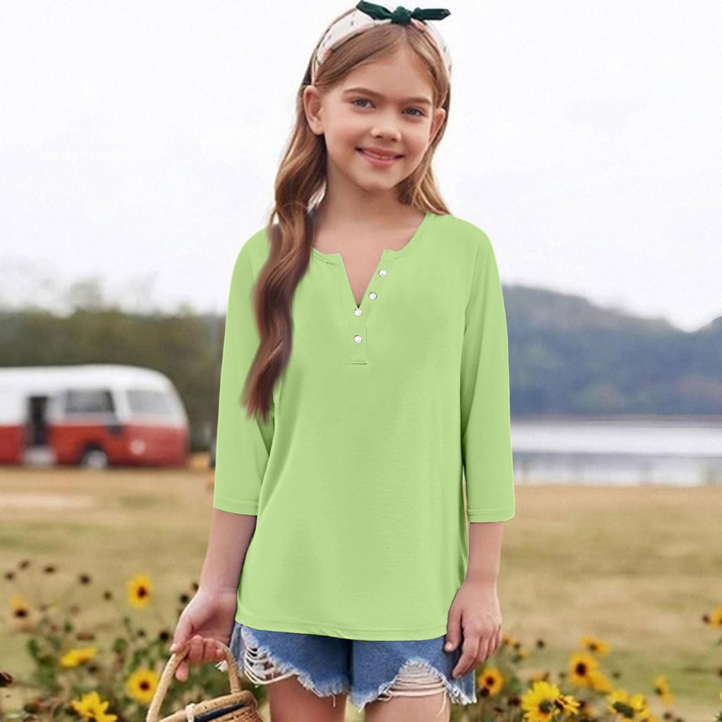 Print Tops For Youth Girls Round Neck 3/4 Sleeves T-Shirts Trendy Tops Outfit Tees