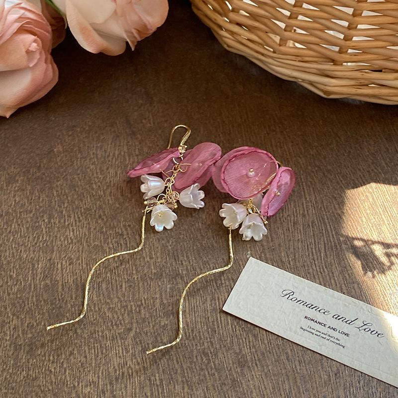 Sweet Fabric Flowers Long Tassel Earrings For Women Sweet Temperament Crystal Drop Dangle Earring Party Wedding Jewelry Gift 2025