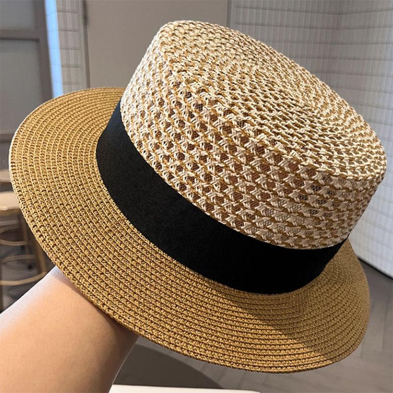 French flat top color matching sunshade straw hat children's new straw top hat summer seaside vacation sunscreen beach sun hat