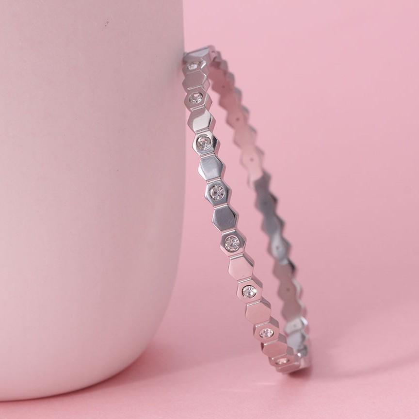 European Geometric Honeycomb Open Women's Stainless Steel Bracelet with Inlaid Rhinestones