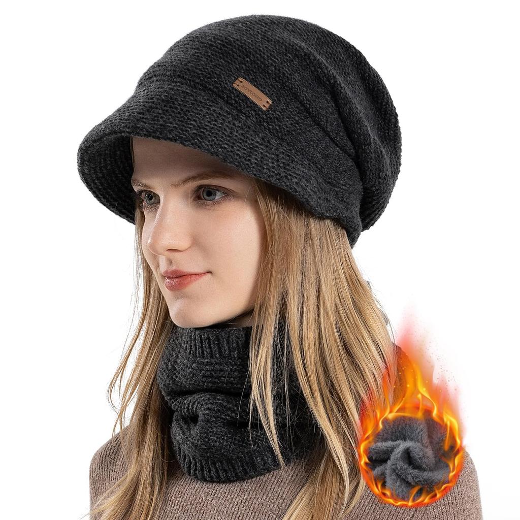SIVAN Neck Set for Ultimate Winter Classic Knit Hat with Brim and Pile Knit Hat for Cold and Wind No Solid Women's Warmer, 2-Piece Warmth. Extra-Thick