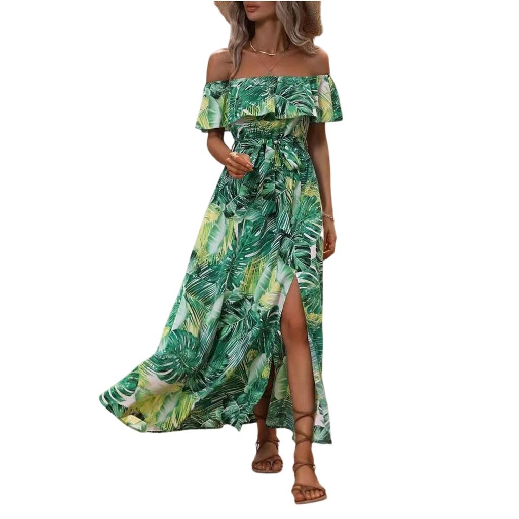 Women's Summer Straight Neck Ruffled Waist Dress