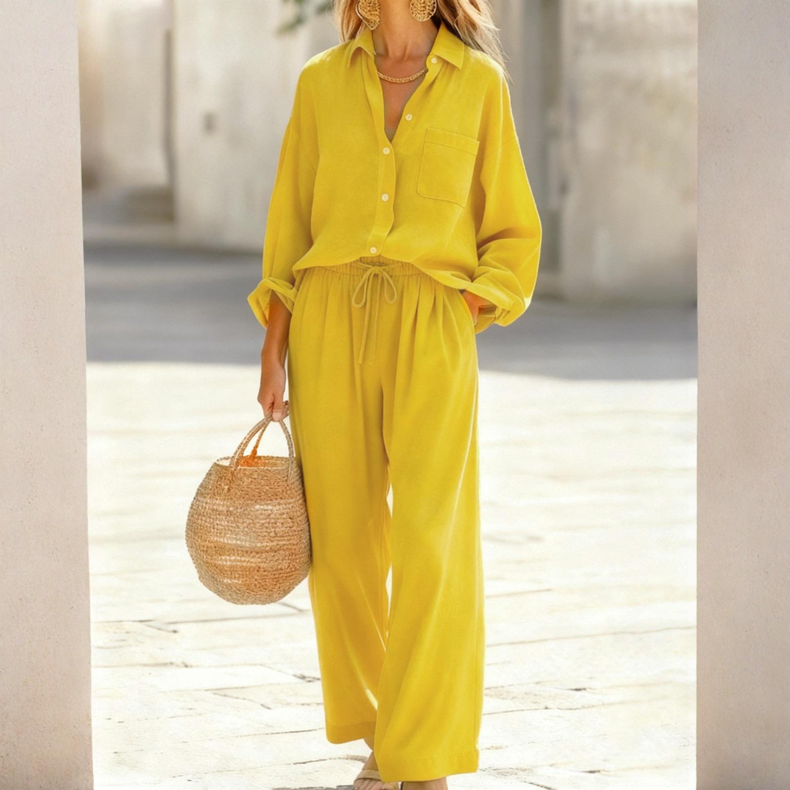 

Fashion Women s Color Set, Women s Imitation Cotton And Linen Loose Long Sleeved Top Set, Women s XL жовтий