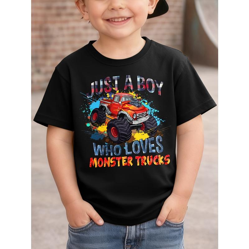 JUST A BOY WHO LOVES MONSTER TRUCKS" Truck Print Cool and Stylish T-Shirt