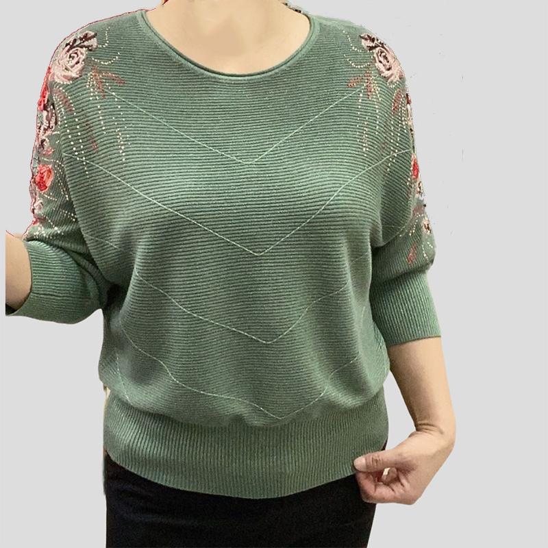

Women s Round Neck Plus Size Knit Sweater Loose Fit Three-Quarter Sleeve Embroidered Sweater Knitted Pullover Top 4XL зелений