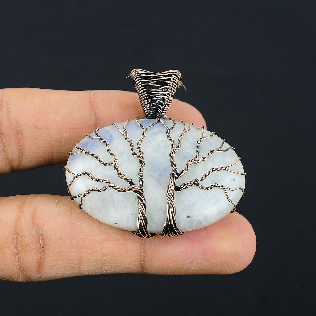 Árbol de la vida doble, piedra lunar, piedra preciosa, envoltura de alambre de cobre, colgante hecho a mano, regalo de joyería