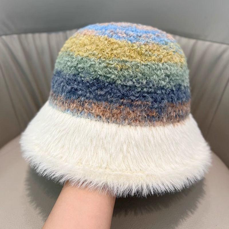 

Модная теплая плюшевая шляпа-панама для защиты от холода, женская осенне-зимняя уличная вязаная шапка-ведро радужной расцветки