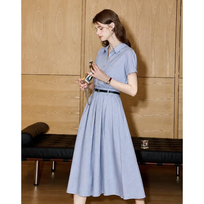 Demana Summer A-Line Lapel Shirt Dress S синий