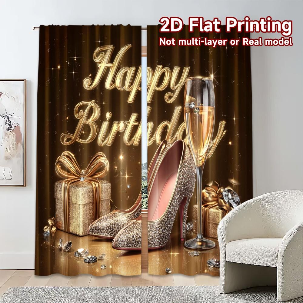 2pcs, 2D FLAT PRINTING Curtains (Without Rod) Birthday Elegance Fashionable Popular Curtains 100% Polyester Curtains Versatile