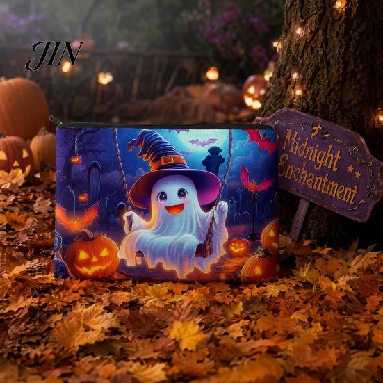 Durable Zipper Bag Halloween Storage Bag, with Colorful Cartoon Ghost Print, Canvas Trendy Makeup Large Capacity Lightweight Travel Toiletry Thick