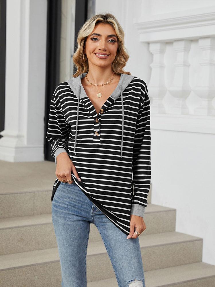 Elegant and Fashionable Fall and Winter Comfortable Hooded Button Drawstring Casual Long Sleeve Sweatshirt Top Pullover Hoodies