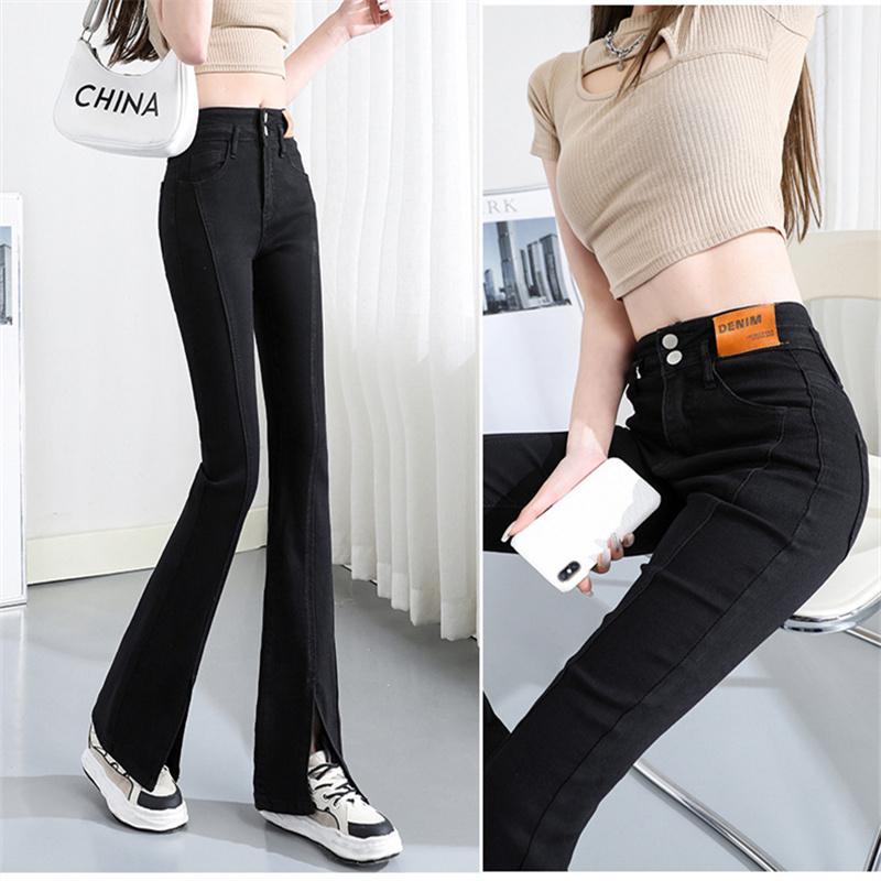 Autumn Korean Vintage Fashion Tight WashdeWomen Flared Jeans Woman High Waist WideLeg Pants Stretch Denim Casual Trousers Female