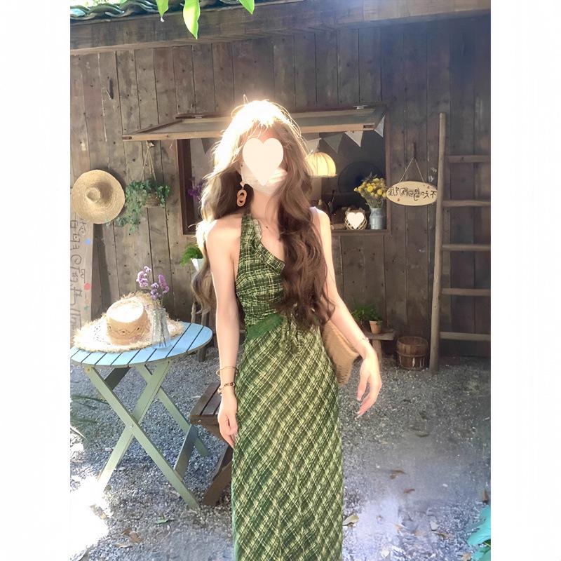 Temperament Elegant V-neck Plaid Neck Dress Summer New Design Feeling Waist Thin Beautiful Dress