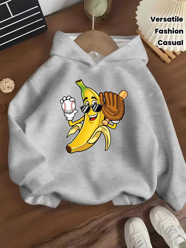 Hooded Sweatshirt for Spring And Autumn, Featuring a Cartoon Banana Baseball Print, Casual Top for Boys And Girls,