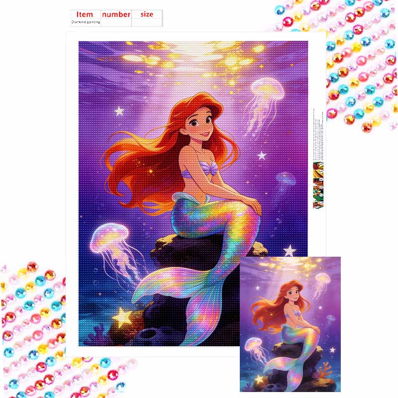 Disney Diamond Painting Kit Ariel Mermaid Ocean Wall Decor Crafts Handmade Gift Round 20x30cm