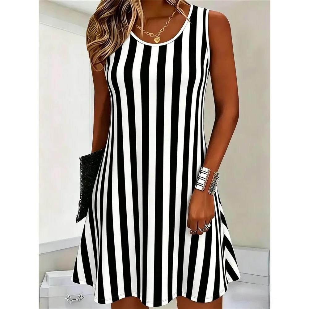 Sommer Damen Rundhals Ärmelloses Kleid Kreatives Streifenmuster 3D Übergröße Urlaubs Kleid Modisch Bequem Weich Atmungsaktiv Minikleid