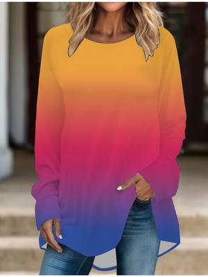 Übergröße Damen Frühling Farbverlauf Bedruckt Bequem Langarm Rundhals T-Shirt Lässig Weit Mittelang Top