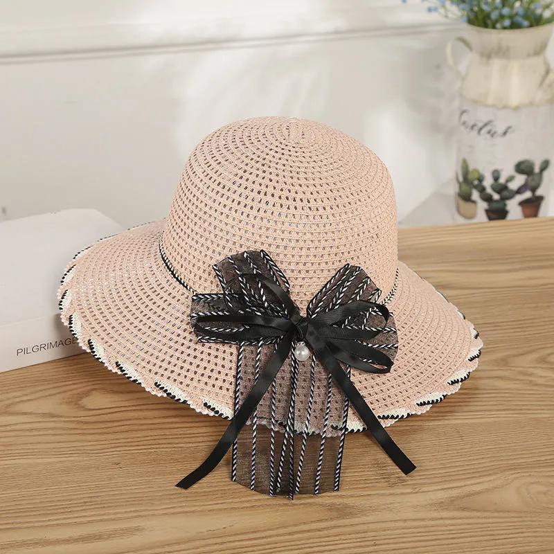 WTEMPO Black Striped Mesh Bow Pearl Women's Wide Brim Solid Color Sun Hats Elegant Casual Foldable Summer Outdoor Sunscreen Hats