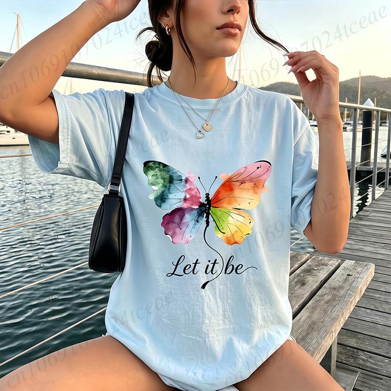 High Street T-Shirt Let It Be Rainbow Butterfly Print Shirt Fashion T-shirt Watercolor Butterfly Women Tee Summer Brand Tops