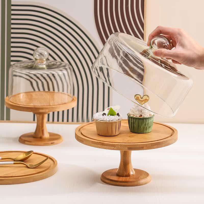 Chenxuan High-Foot Bamboo Cake Stand with Glass Dome