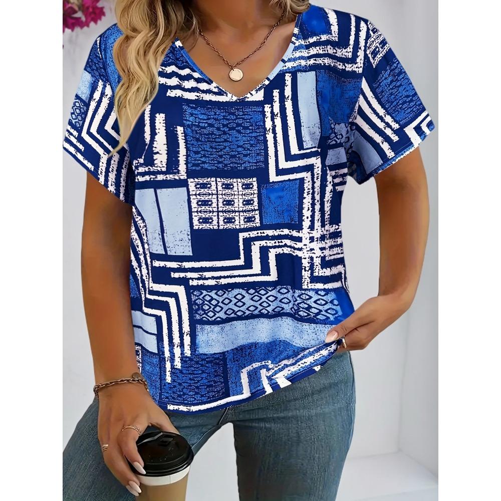 T-shirt Women's Summer Leisure Elegant Simple V-neck Short Sleeve Red Plaid