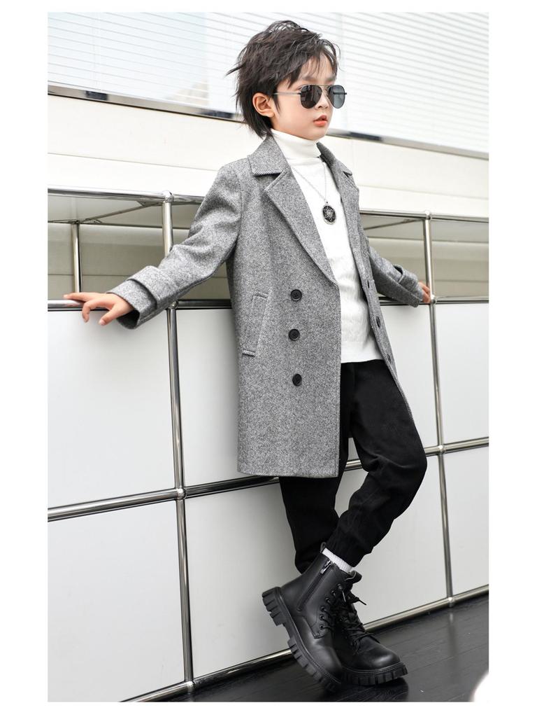 Boys' Mid-Length Wool Trench Coat - Stylish and Warm Korean-Style Overcoat for Autumn and Winter