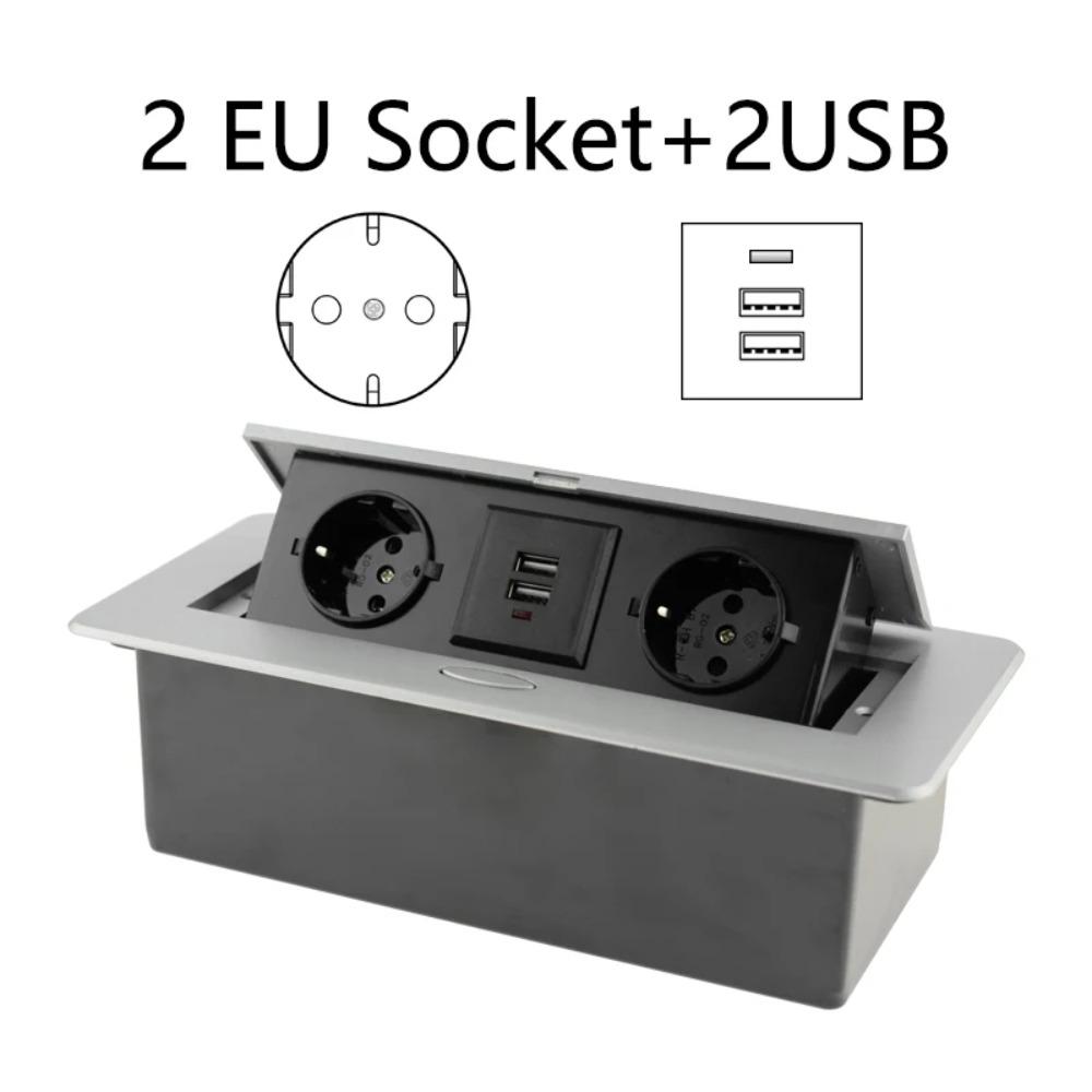 Aluminum Panel Desk Socket EU Socket Desktop Outlet With Cable Plug Hidden Socket  Kitchen Counter