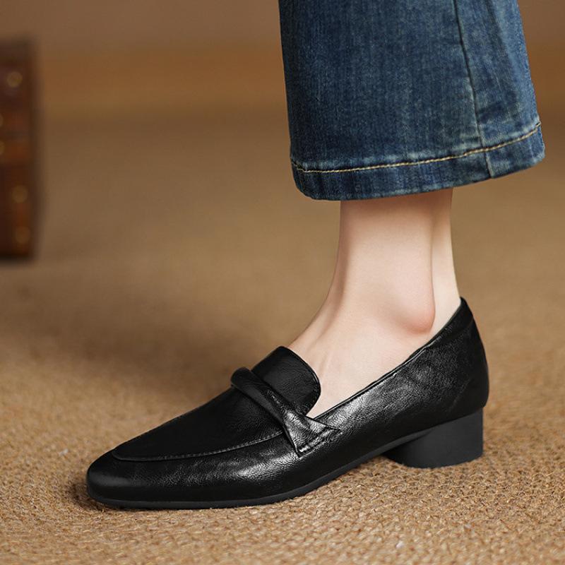 

Новые женские остроносые туфли из натуральной кожи, слипоны, обувь больших размеров, толстая подошва, нескользящая и удобная мягкая подошва, туфли-лодочки на среднем каблуке 39 чёрный