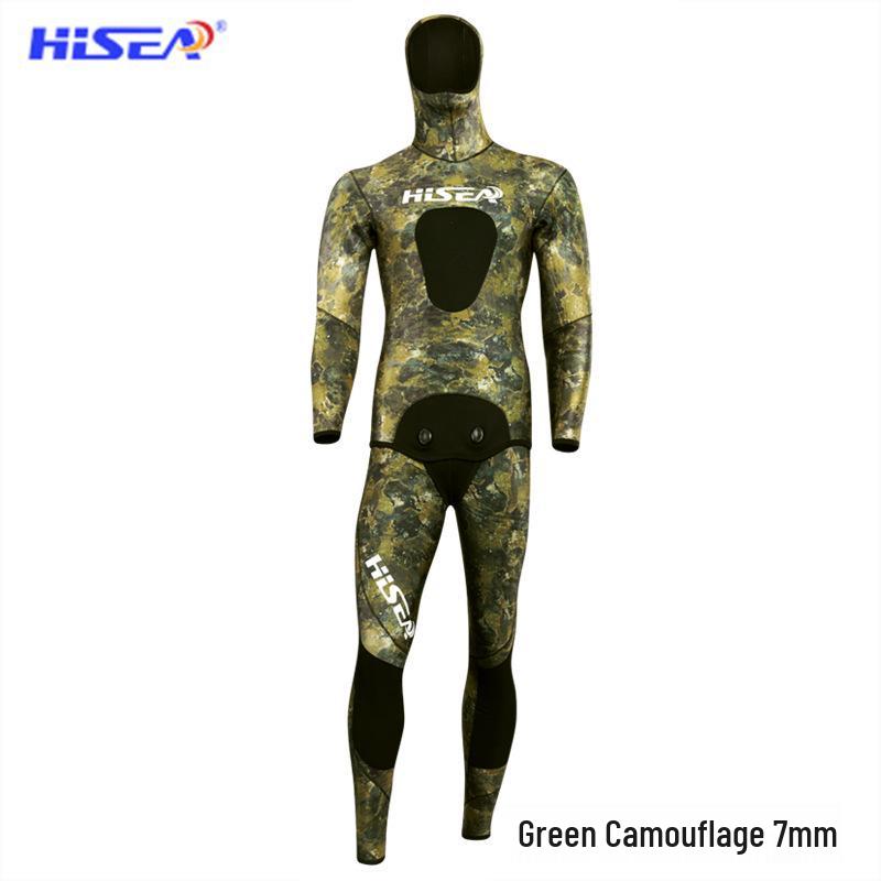 7mm Camouflage Freediving Wetsuit: Warm, Long Sleeve, Two-Piece for Deep Diving