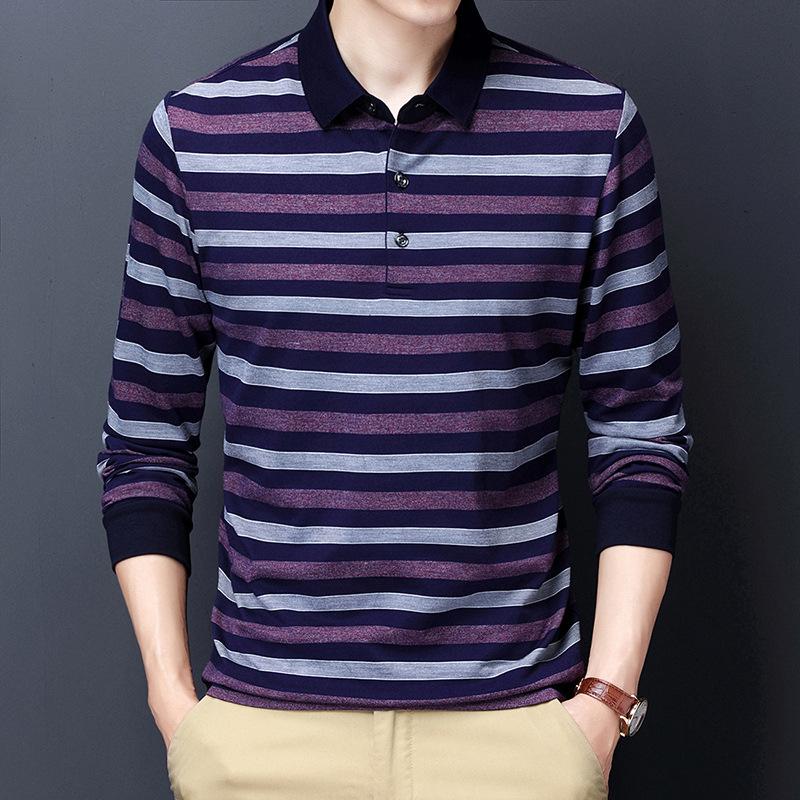 Spring and Autumn New Men's Long-sleeved T-shirt Middle-aged Lapel Striped Polo Shirt Men's Base Shirt Top Tide T-shirt