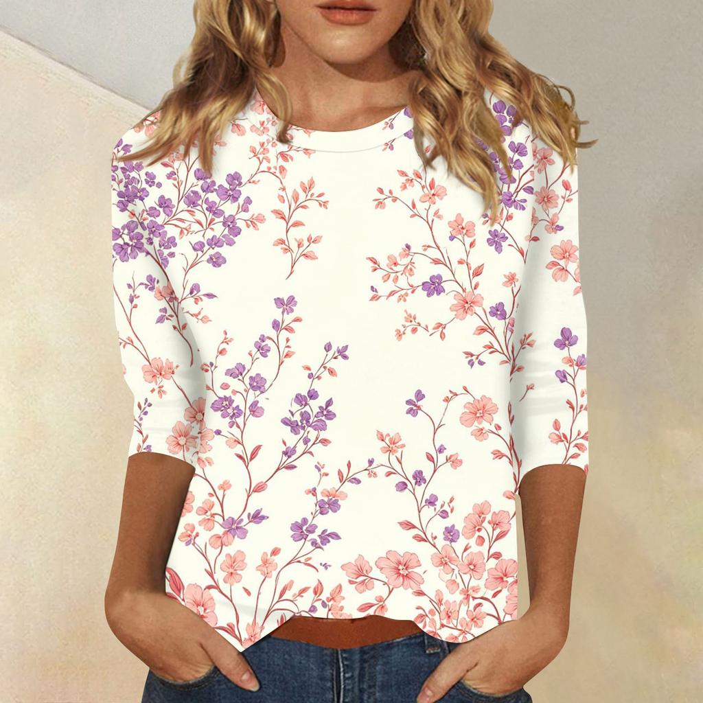 Women Casual Floral Print 3/4 Sleeve Round Neck Blouse Lightweight Soft Fabric Loose Fit Top for Everyday Wear
